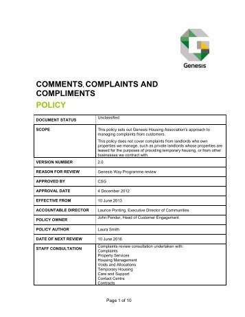 comments, complaints and compliments policy. - Genesis Housing ...