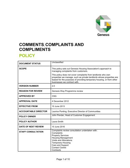 comments, complaints and compliments policy. - Genesis Housing ...