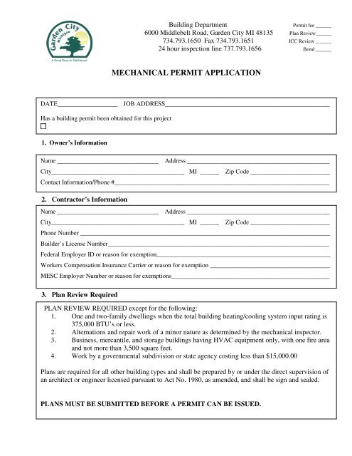 Mechanical Permit Application Garden City