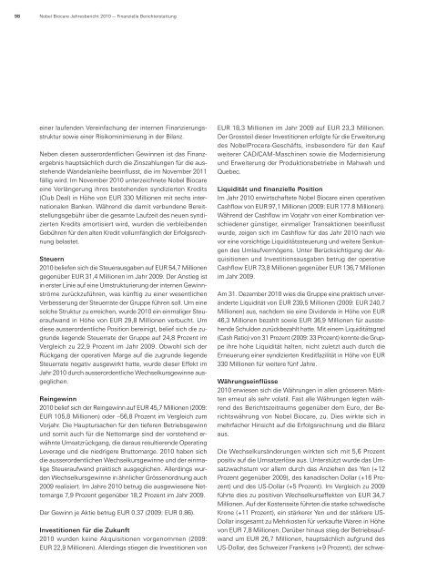 Finanzielle Berichterstattung. - Nobel Biocare Annual Report 2010