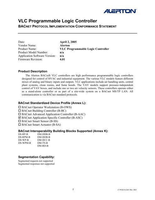 VLC Programmable Logic Controller - BACnet International