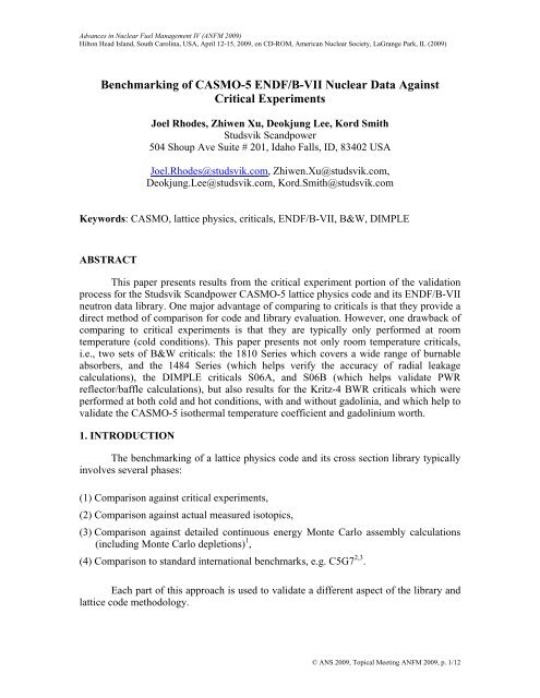 Benchmarking of CASMO-5 ENDF/B-VII Nuclear Data ... - Studsvik