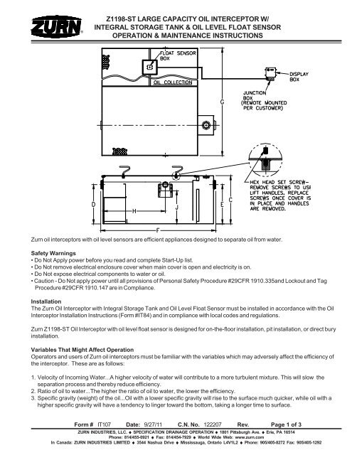 z1198-st large capacity oil interceptor w/ integral storage tank ... - Zurn