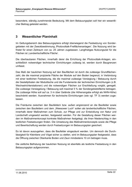 Bebauungsplan âEnergiepark Weesow-Willmersdorfâ