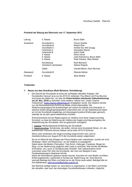 Schulhaus Seefeld Elternrat Protokoll der Sitzung des Elternrats ...