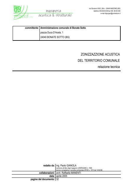 Relazione zonizzazione acustica - Comune di Bonate Sotto