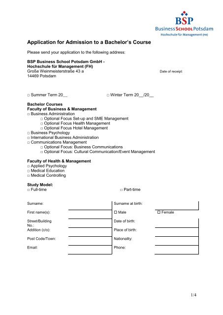 Application for Admission to a Bachelor´s Course - BSP Business ...