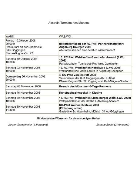 RC Pfeil Termine und Veranstaltungen Oktober /November 2008