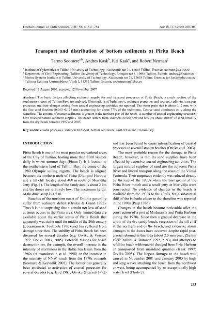 Transport and distribution of bottom sediments at Pirita Beach