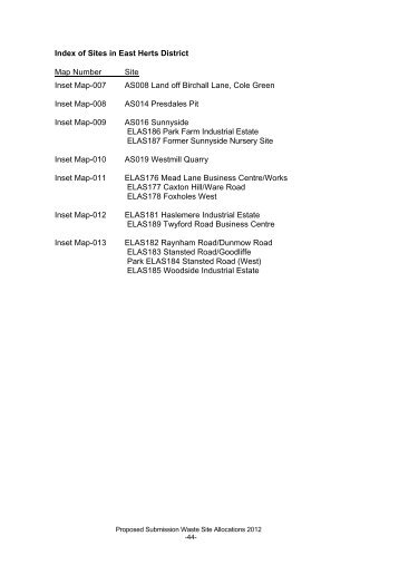 Index of Sites in East Herts District Map Number Site Inset Map-007 ...