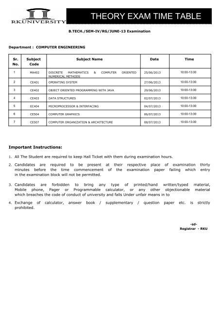 B.TECH 4th Sem Regular Exam JUNE - 2013 TIME ... - RK University