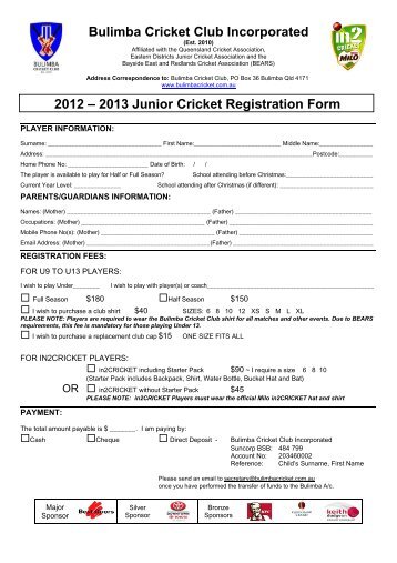 2013 Junior Cricket Registration Form - Queensland Cricket