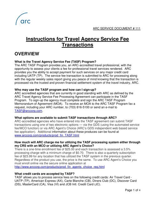 Instructions for Travel Agency Service Fee Transactions - Arc