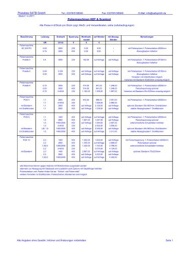 Preisliste SATB GmbH Poliermaschinen KEF & Scantool