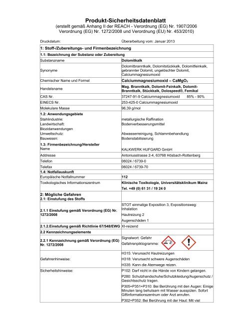 Sicherheitsdatenblatt (PDF) - Kalkwerk Hufgard