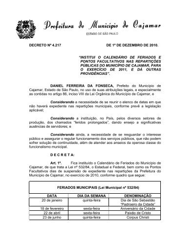 decreto nº 4.217 de 1º de dezembro de 2010. “institui o calendário ...