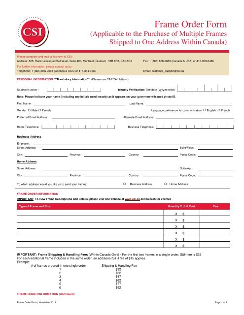 Frame Order Form - Canadian Securities Institute