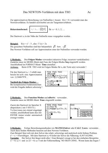 Newton-Verfahren(TI83 und CellSheet) - K-achilles.de