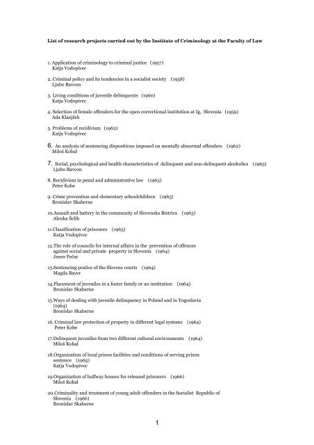 List of research projects carried out by the Institute of Criminology at ...