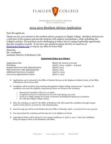 Flagler College Resident Advisor Application Personal Information ...