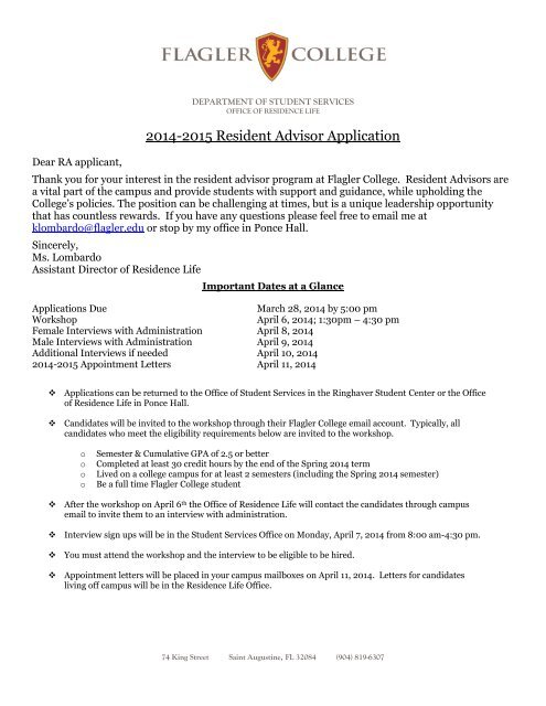 Flagler College Resident Advisor Application Personal Information ...