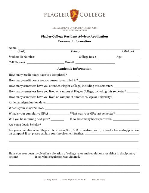 Flagler College Resident Advisor Application Personal Information ...