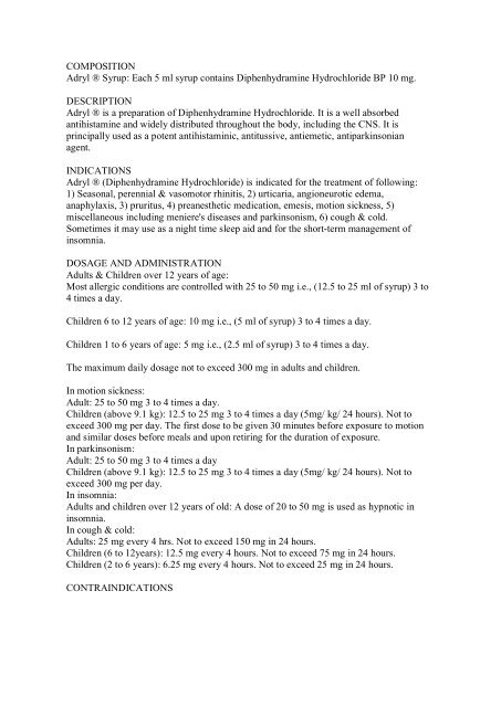 Composition Adryl A A Syrup Each 5 Ml Syrup Contains