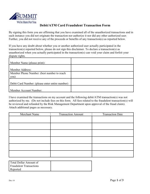 Debit ATM Cardholder Fraudulent Transaction Form - The Summit ...