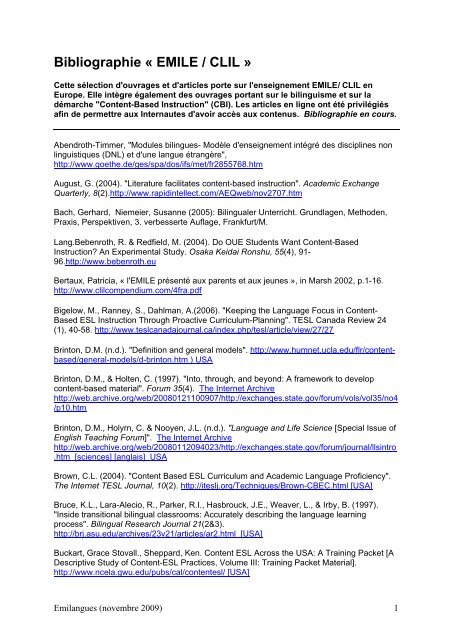 Bibliographie Emile Clil Emilangues Bibliographie Emile Clil Emilangues