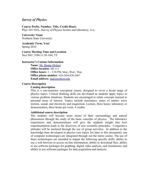 Format for Course Syllabus - Northern State University