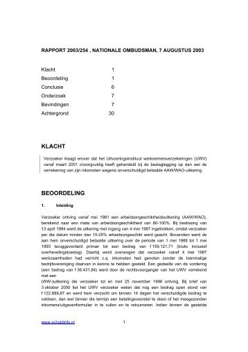 RAPPORT 2003/254 , NATIONALE OMBUDSMAN, 7 ... - Schuldinfo