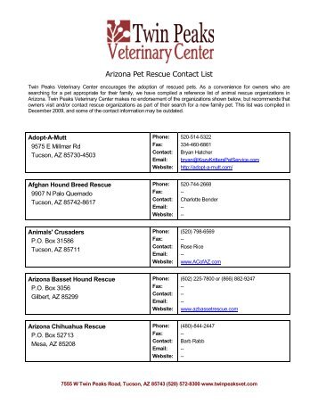 Arizona Pet Rescue Contact List - Twin Peaks Veterinary Center