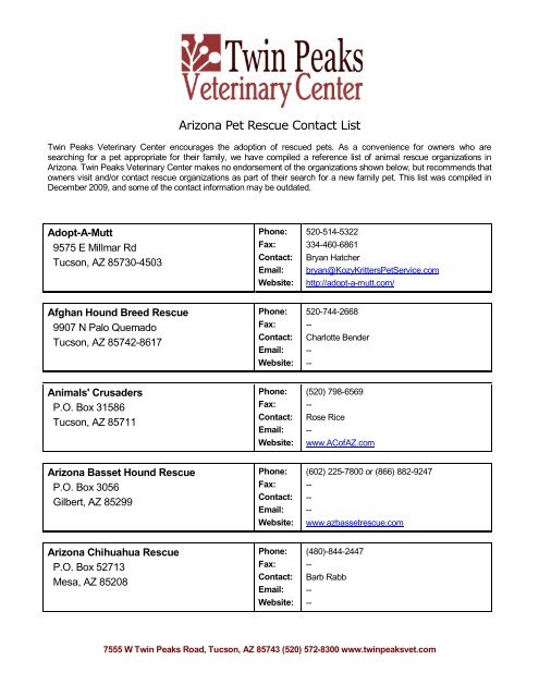 Arizona Pet Rescue Contact List - Twin Peaks Veterinary Center