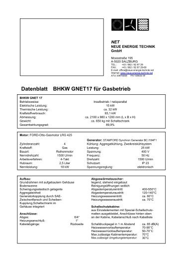 Datenblatt BHKW GNET17 für Gasbetrieb - NET - Neue Energie ...