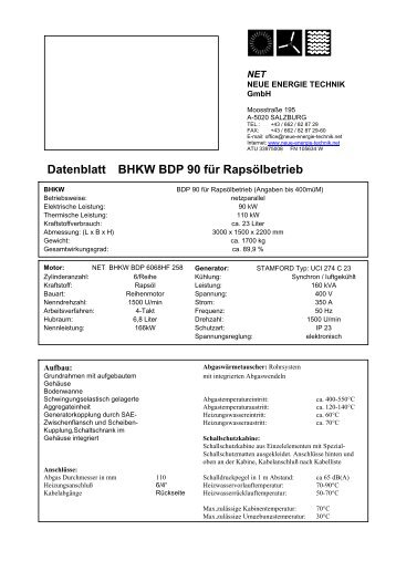 Datenblatt BHKW BDP 90 für Rapsölbetrieb - NET - Neue Energie ...