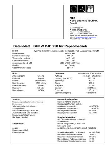 Datenblatt BHKW PJD 258 für Rapsölbetrieb - NET - Neue Energie ...