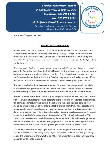 E-Safety Session Letter - Shacklewell Primary School