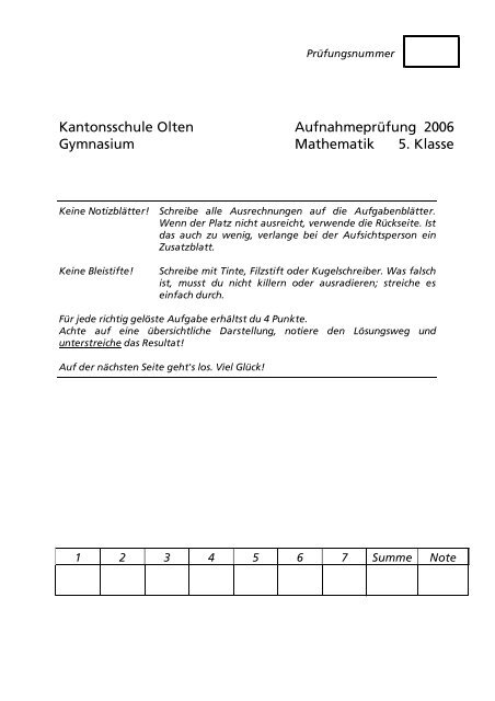 Kantonsschule Olten Aufnahmeprüfung 2006 Gymnasium ...