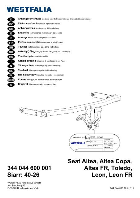 Seat Altea, Altea 344 600 001 FR ... Westfalia