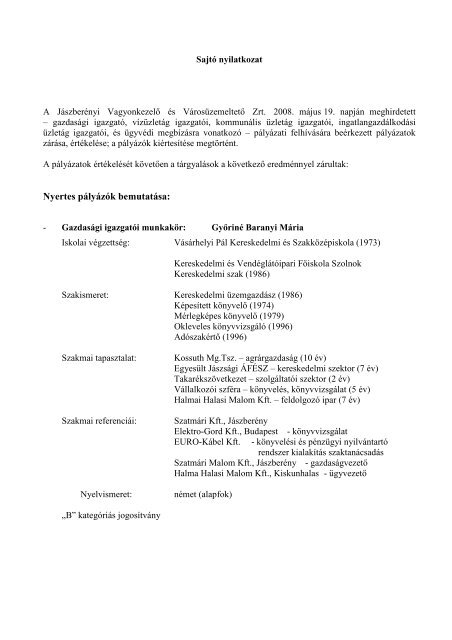 Nyertes pÃ¡lyÃ¡zÃ³k bemutatÃ¡sa - JÃ¡szberÃ©ny