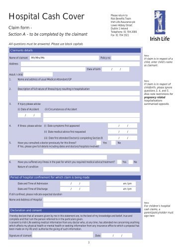 Hospital Cash Cover claim form - Irish Life