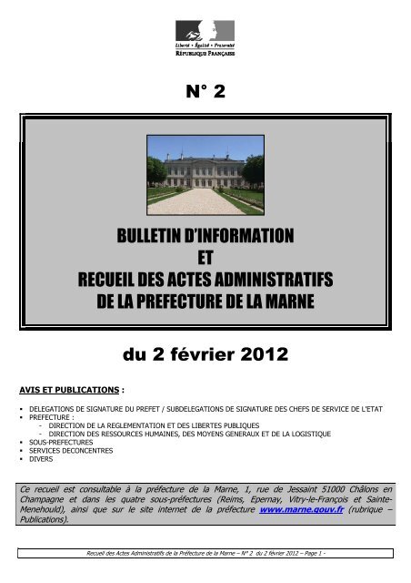 Recueil 2-2012 du 2 fÃ©vrier (page 1 Ã  46) - PrÃ©fecture de la Marne