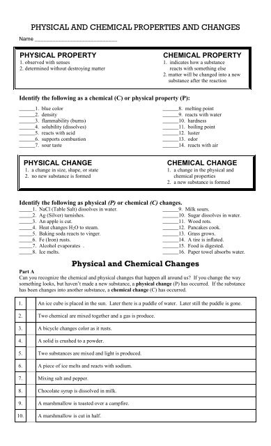 Chemical And Physical Change Worksheet