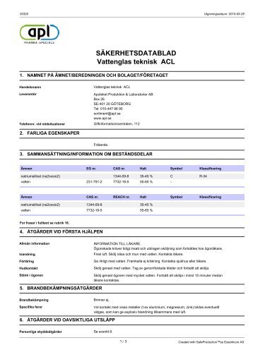 SÃKERHETSDATABLAD Vattenglas teknisk ACL - Apoteket