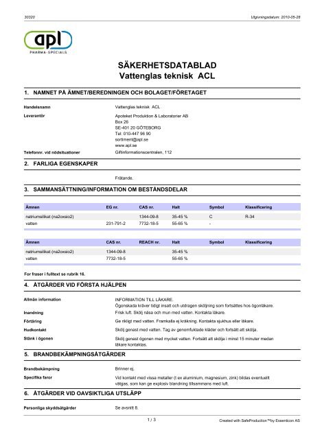 SÃKERHETSDATABLAD Vattenglas teknisk ACL - Apoteket