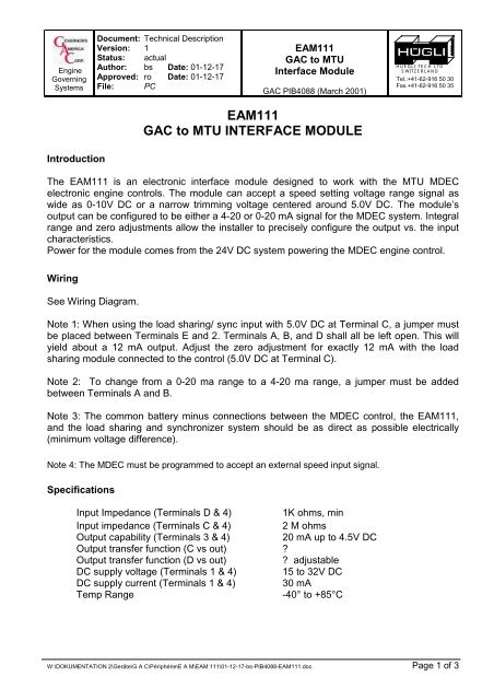 EAM111 GAC to MTU INTERFACE  MODULE - Huegli Tech