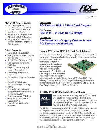 PCI Express USB 2.0 Host Card Adapter PEX 8111 - PLX Technology