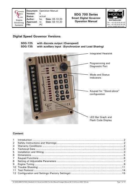 SDG 700 Series Digital Speed Governor Versions - Huegli Tech