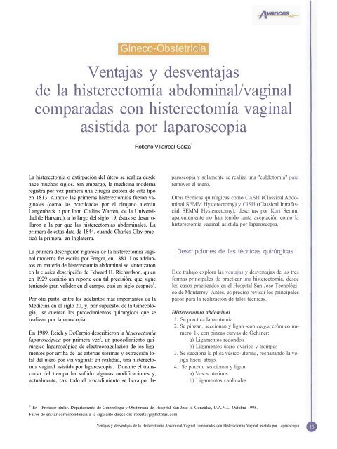 Ventajas y desventajas de la histerectomÃ­a abdominal/vaginal ...