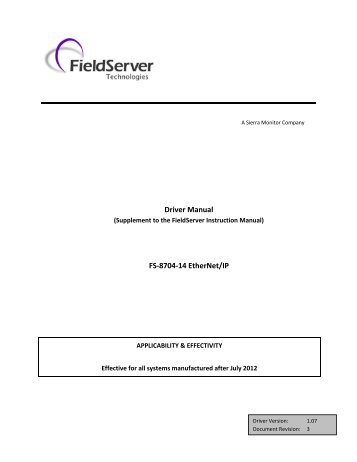 Driver Manual FS-8704-14 EtherNet/IP - FieldServer Technologies